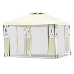 10 x 10 Ft Outdoor Steel Frame Gazebo with Beige Canopy and Mesh Side Walls