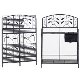 Black Metal Potting Bench with Wrought Iron Vine Accents and Fabric Potting Sink