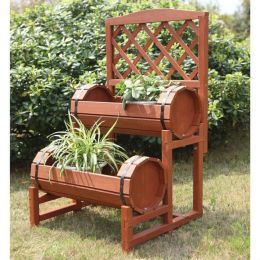 Red Cedar Double-Barrel 2 Tier Planter Stand with Built In Trellis